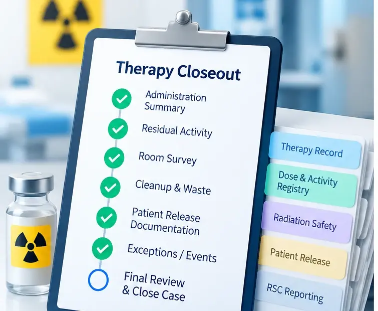 A clipboard titled Therapy Closeout listing Administration Summary, Residual Activity, Room Survey, Cleanup & Waste, Patient Release Documentation, Exceptions / Events, and Final Review & Close Case.
