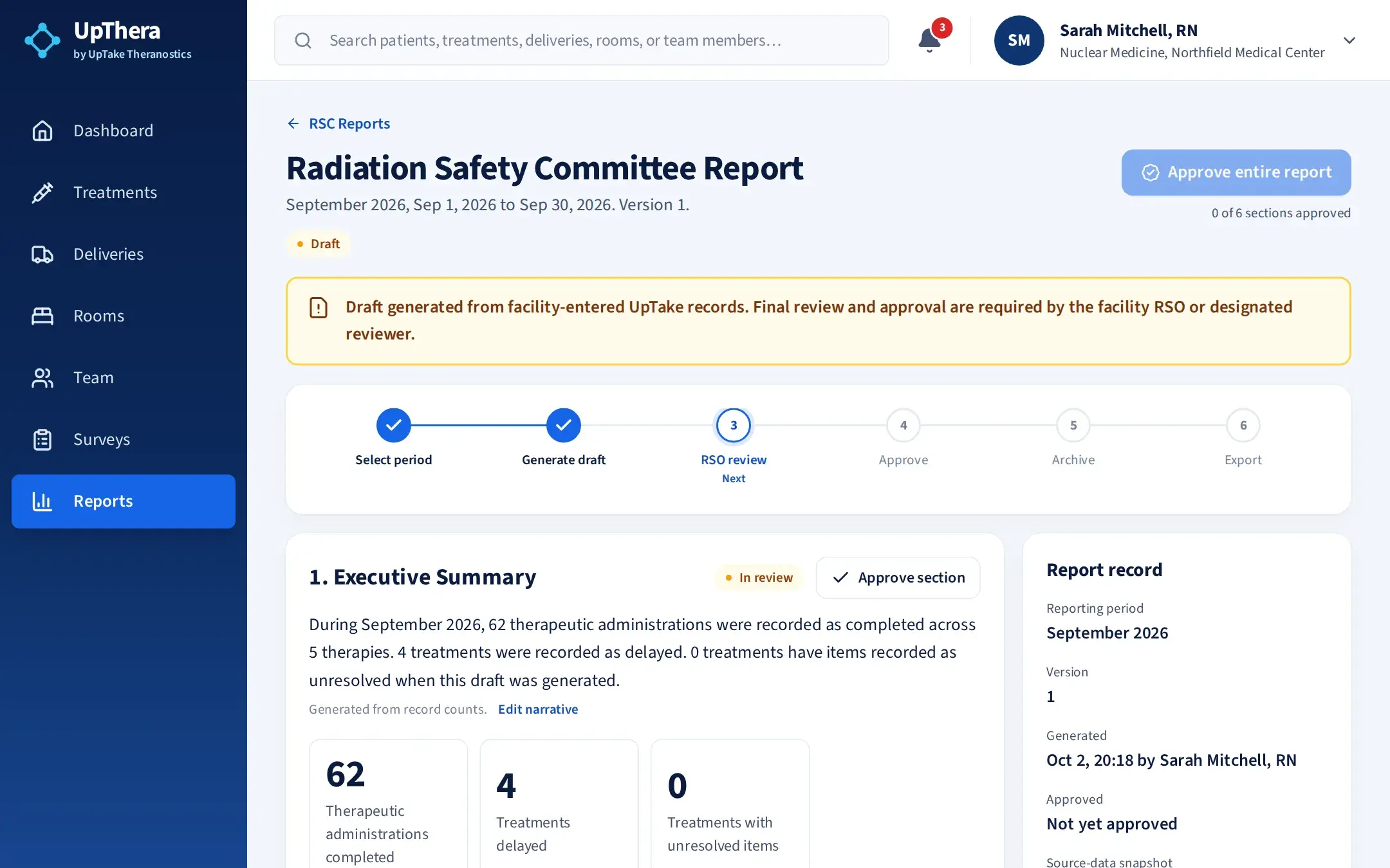An UpThera report under review: summary numbers, a table of activity by therapy, and a record of who generated and approved it.