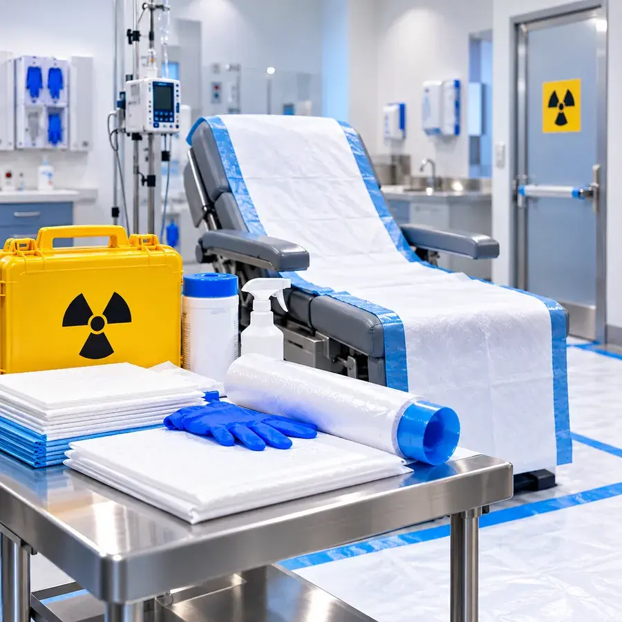 A therapy chair and floor covered with absorbent protective material, beside a table of pads, gloves, barrier film and a spill kit.