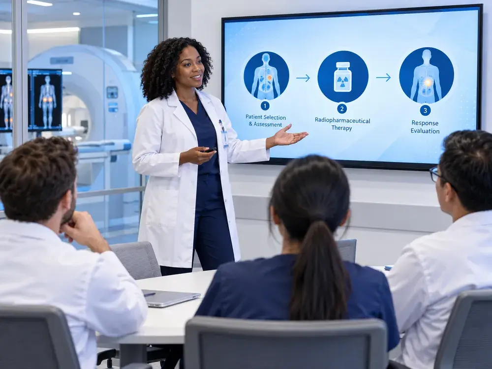 An instructor in a white coat presenting a therapy workflow on a wall screen to three seated staff members.